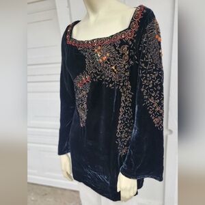 Y2K Fairygoth Celestial Joolay Beaded Embellished Velvet Blouse Bell Sleeve Boho